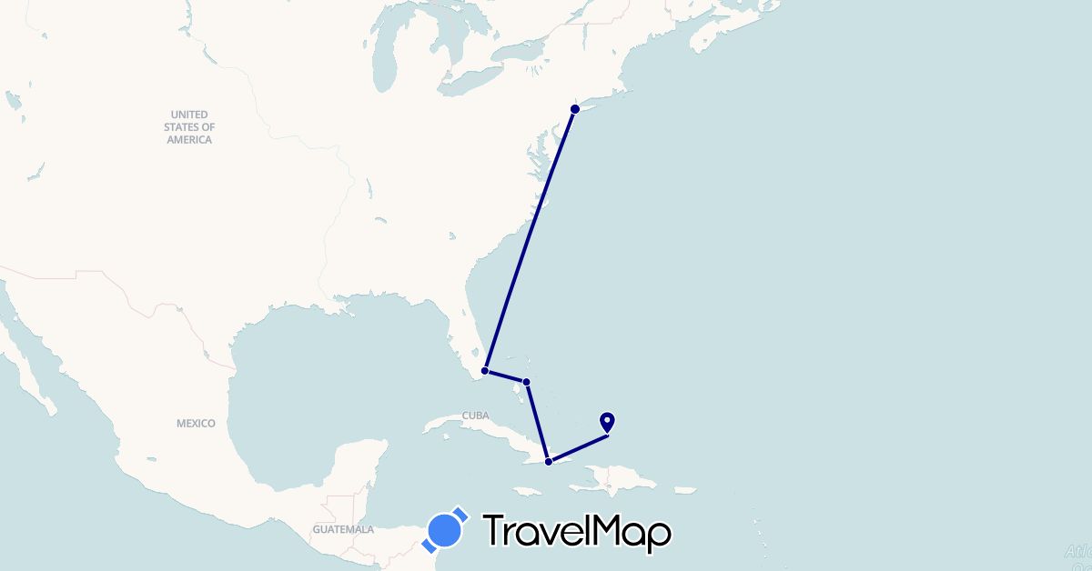 TravelMap itinerary: driving in Bahamas, Cuba, Turks and Caicos Islands, United States (North America)
